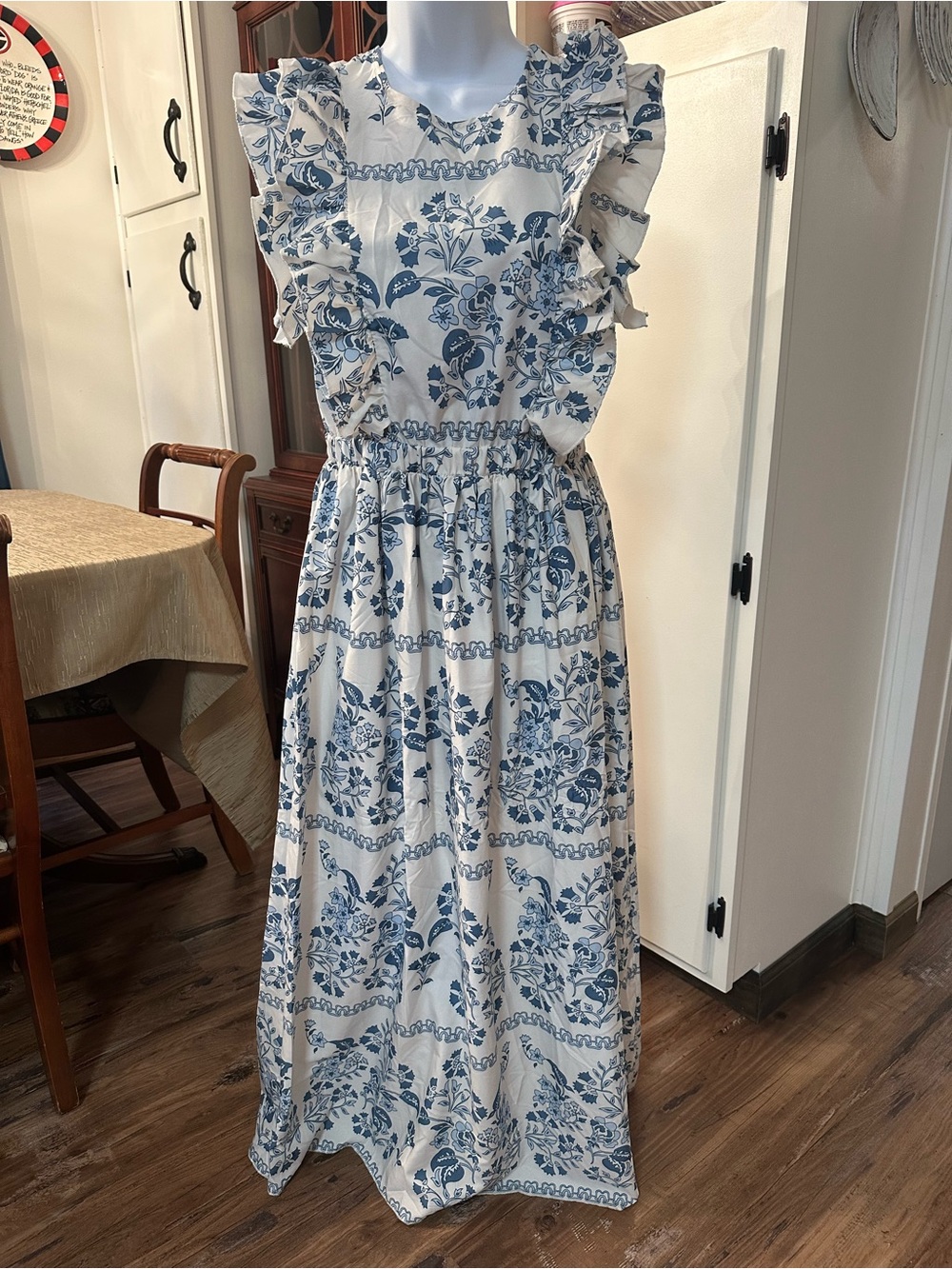 Sunday Blue & White Floral Ruffle Maxi Dress